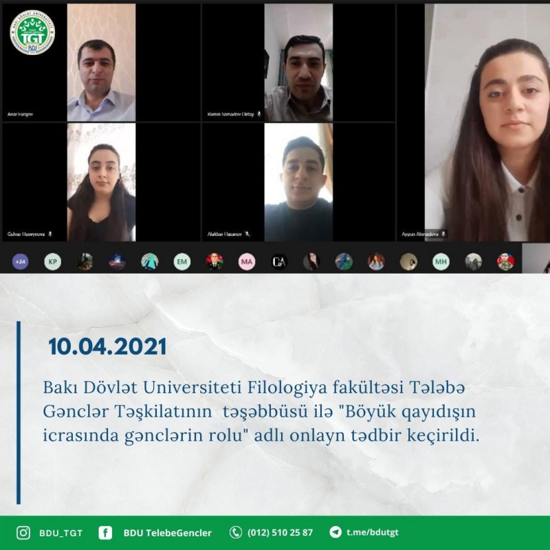 BDU-nun Filologiya fakültəsində “Böyük qayıdışın icrasında gənclərin rolu” adlı onlayn tədbir keçirilib