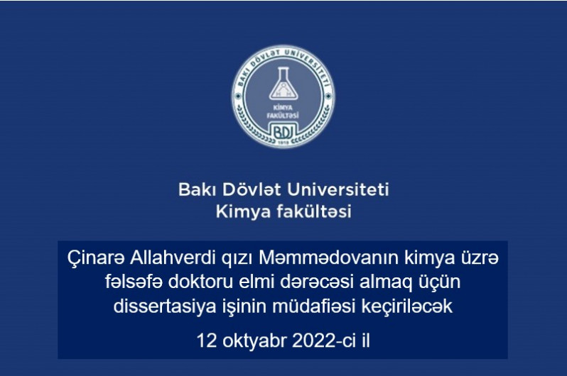 Çinarə Allahverdi qızı Məmmədovanın fəlsəfə doktoru dissertasiya işinin müdafiəsi keçiriləcək