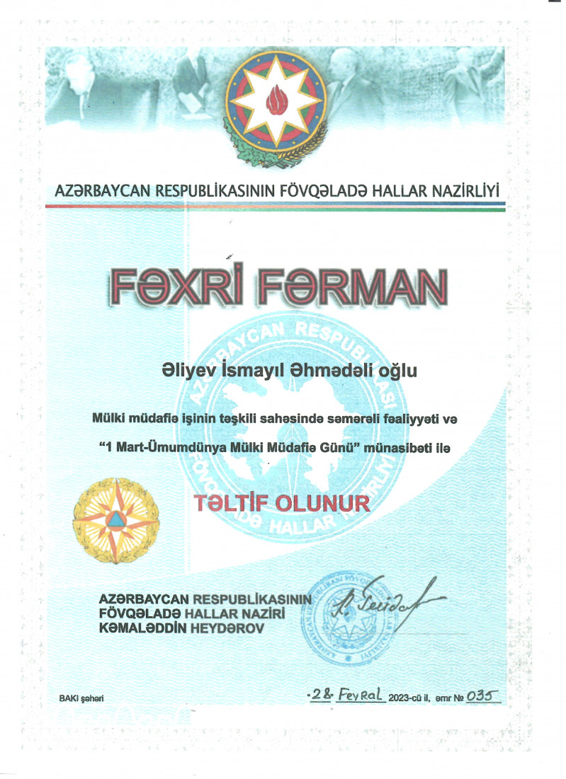 KAFEDRA MÜDİRİ FƏXRİ FƏRMANLA TƏLTİF OLUNMUŞDUR