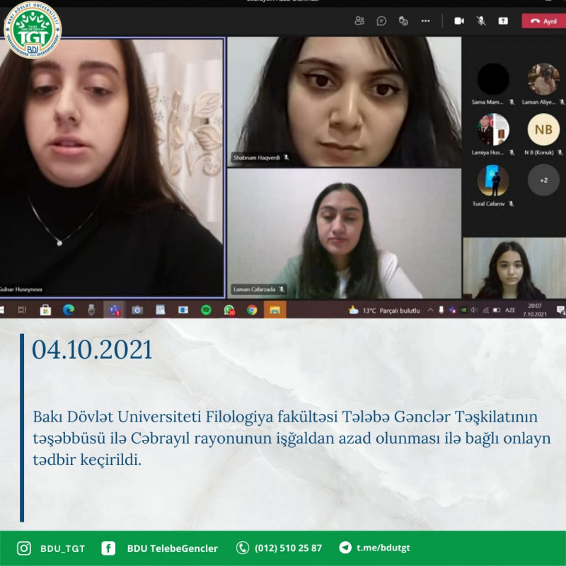 Filologiya fakültəsində Cəbrayıl rayonunun işğaldan azad olunmasının ildönümü ilə bağlı tədbir keçirilib