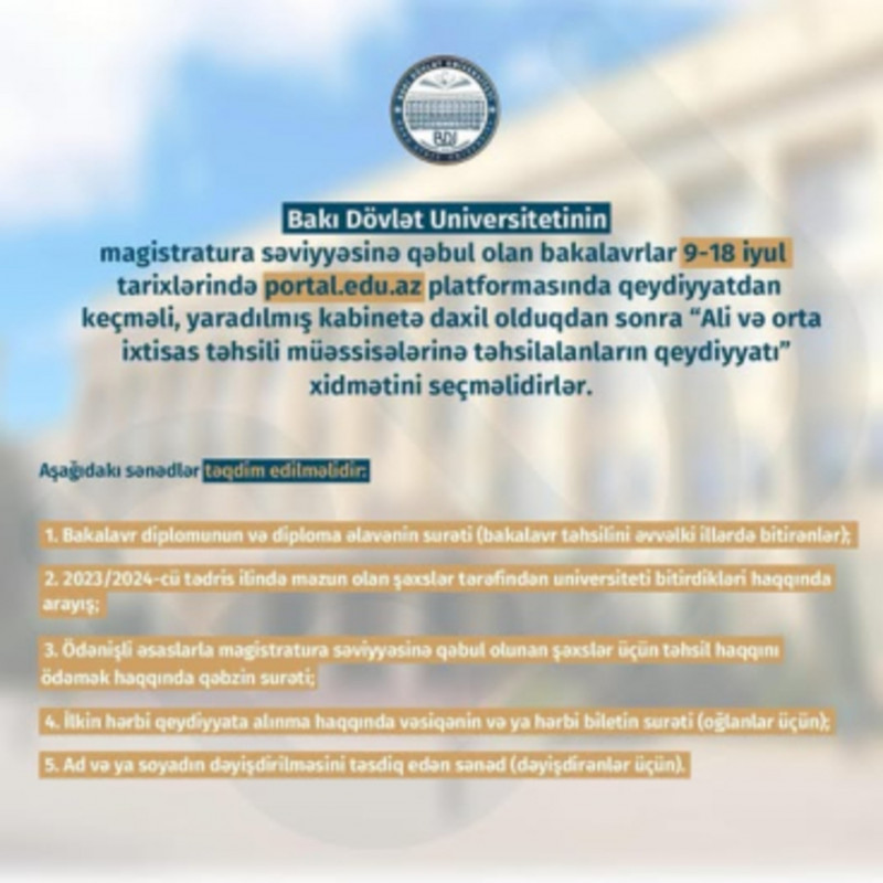 BDU-nun magistraturasına qəbul olan şəxslərin nəzərinə!