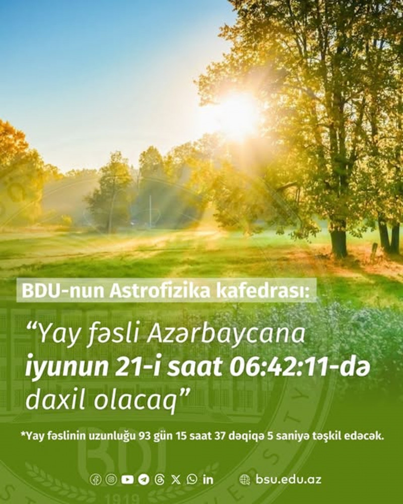 BDU-nun Astrofizika kafedrası: “Yay fəsli Azərbaycana iyunun 21-i saat 06:42:11-də daxil olacaq”