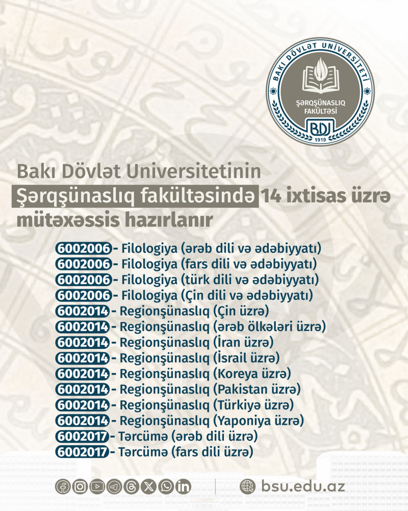 BDU-nun Şərqşünaslıq fakültəsində 14 ixtisas üzrə mütəxəssis hazırlanır