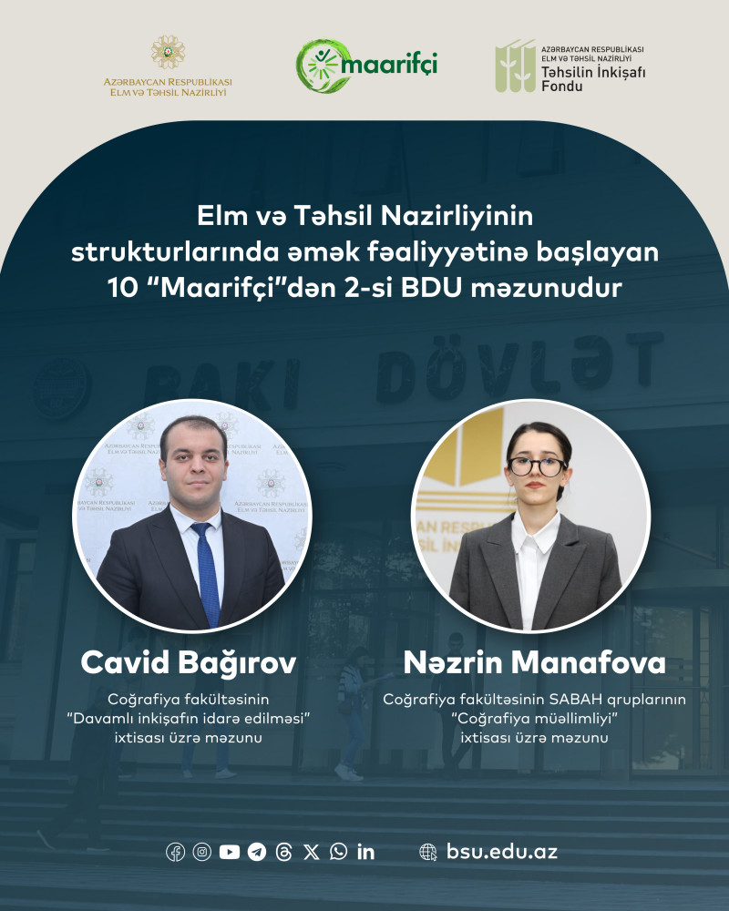 Elm və Təhsil Nazirliyinin strukturlarında əmək fəaliyyətinə başlayan 10 “Maarifçi”dən 2-si BDU məzunudur