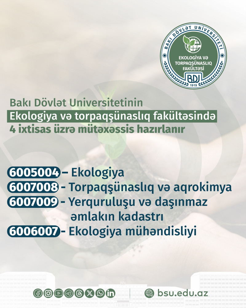 BDU-nun Ekologiya və torpaqşünaslıq fakültəsinə 4 ixtisas üzrə tələbə qəbulu aparılır