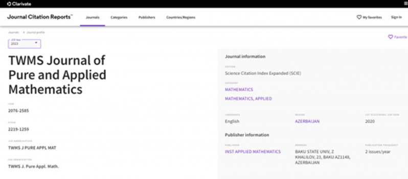BDU-nun həmtəsisçisi olduğu “TWMS Journal Pure and Applied Mathematics” jurnalı 489 beynəlxalq nəşr arasında 6-cı yerdə