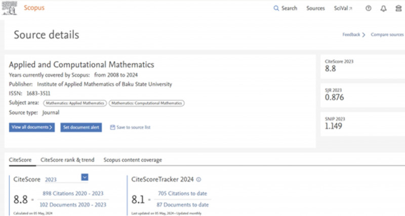 BDU-nun “Applied and Computational Mathematics” jurnalının “Scopus”da 2023-cü il üçün təsir əmsalı 8.8 olub