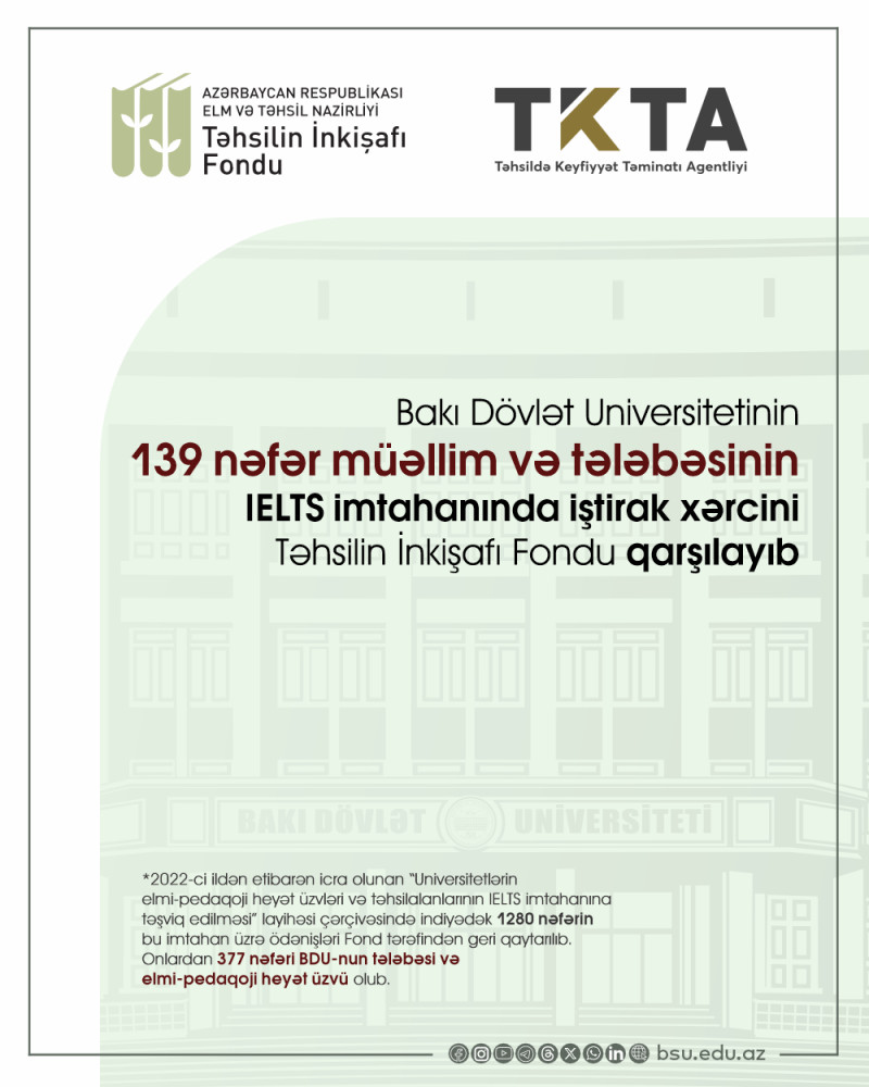 BDU-nun 139 nəfər müəllim və tələbəsinin IELTS imtahanında iştirak xərcini Təhsilin İnkişafı Fondu qarşılayıb