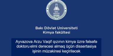 Arzu Vaqif qızı Ayvazovanın  2301.01- “Analitik kimya” ixtisası üzrə fəlsəfə doktoru elmi dərəcəsi almaq üçün təqdim etdiyi dissertasiya işinin müzakirəsi keçiriləcək
