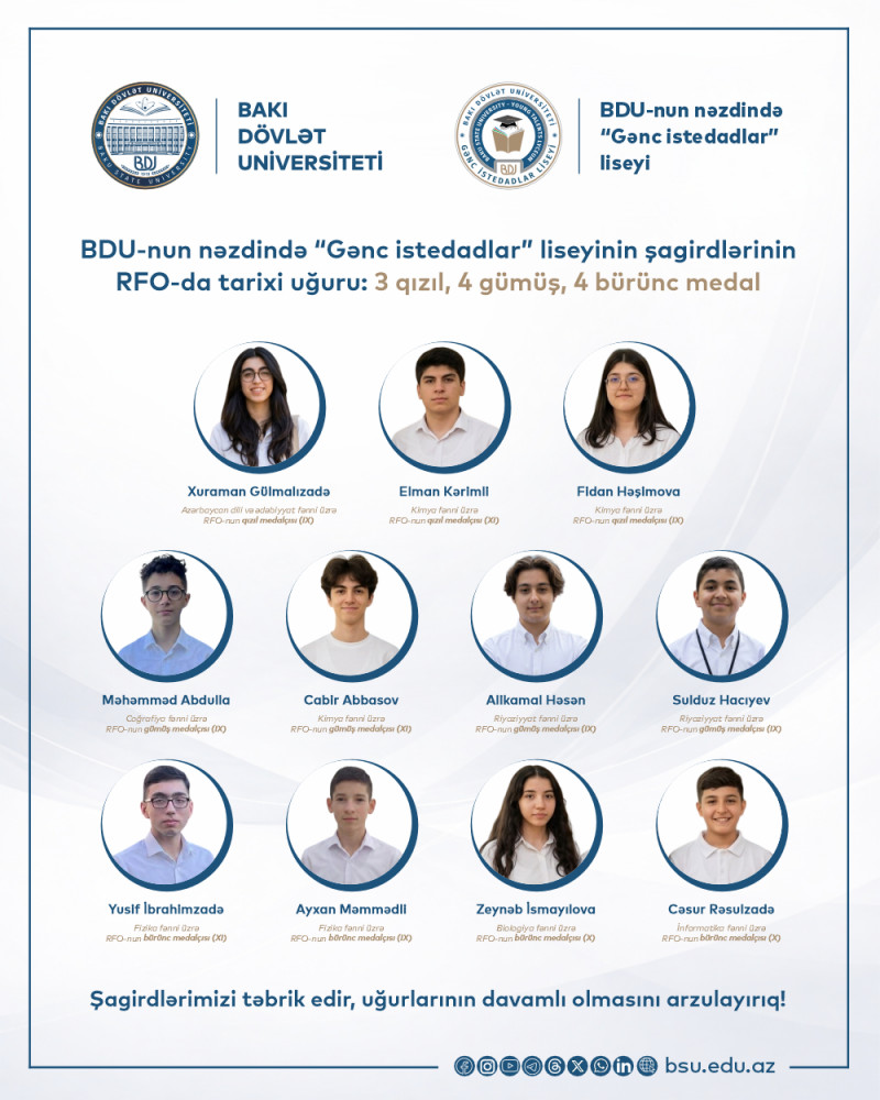 BDU-nun nəzdində “Gənc istedadlar” liseyinin şagirdlərinin RFO-da tarixi uğuru: 3 qızıl, 4 gümüş, 4 bürünc medal