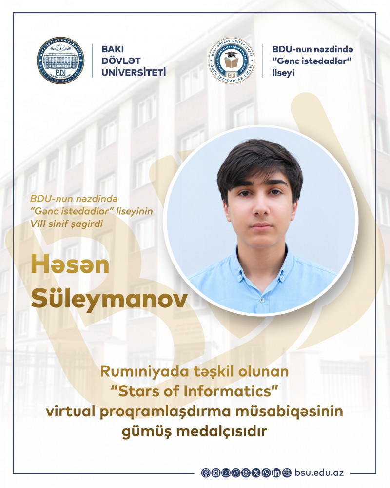 BDU-nun nəzdində “Gənc istedadlar” liseyinin şagirdinin “Stars of Informatics” virtual proqramlaşdırma müsabiqəsində uğuru